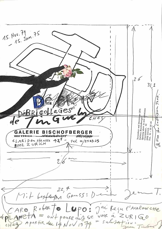 Debricollages de Tinguely chez Galerie Bischofberger (Pieghevole d'invito della mostra con dedica e firme autografe di Tinguely)